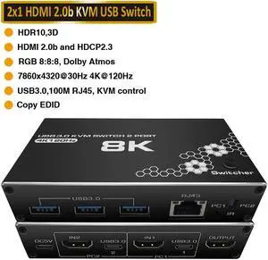 Jansicotek 8K USB HDMI KVM Switch 2 in 1 Out 8K@30Hz 4K@120Hz 2 PC to 1 Monitor with 3USB3.0 Ports and One RJ45 Network Ports for Sharing Keyboard, Mouse, U Disk