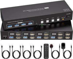 Jansicotek [HDMI + HDMI + USB] Dual Monitor KVM Switch HDMI2.0= Support 4K@60Hz, USB 3.0 2Ports HDMI KVM Switch 2 Monitors 4 Computers with Cables, Digital Display, Wireless Remote