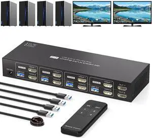 Jansicotek 4 Computers 2 Monitors 2 Ports HDMI KVM Switch 4K@60Hz, , Digital Display and Aluminum Shell, 4 X USB 3.0 Hub Support Extended & Duplicate Mode