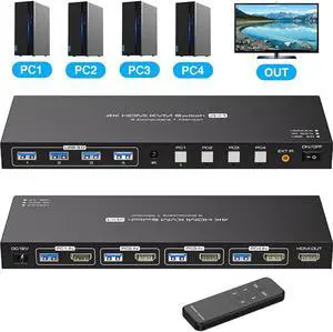 Jansicotek HDMI Monitor KVM Switch 4X1 HDMI 2.0 4K@60Hz 2K@120Hz, HDMI Extended Display KVM Switch for 4 Computers Share 1 Monitors and 4 USB 3.0 Ports,Wired Controller and 4 Cables Included