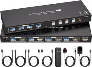 Jansicotek HDMI KVM Switch 1 Monitors 4 Computers HDMI 2.0 4K@60Hz 2K@120Hz HDMI kvm Switch 1 Monitor 4 Computer to Share 4 USB 3.0 Ports,Wired Controller and 4 Cables Included
