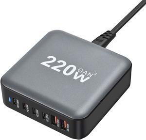 Jansicotek 220W USB Type C Charging Station Hub, 6-Port USB Desk Charger, 220 Watt GaN III Fast Charger GaN Tech Laptop USB C Power Adapter Block Compatible for All Phones and Tablets