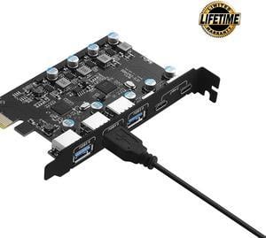 Jansicotek Superspeed 5-Ports PCI-E to USB 3.0 Expansion Card - (2X USB C - 3X USB A) - PCI Express(PCIe) Expansion Card USB Card for Desktop PC Support Win XP Win7 Win 8 Win 10 Win 11 Linux