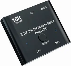 Jansicotek DP 2.0 DisplayPort 16K Converter Switcher Adapter Bi-directional Splitter DP for PC/Monitor, Bidirectional 1in 2 Out(Splitter) or 2in 1out(Switcher), Support 16K@60Hz /8K@60Hz/ 4K@240Hz