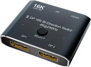 Jansicotek 16K DisplayPort Switch Splitter 2 Port Bi-Direction DP 2.0 Switcher 16K@60Hz 4K@240Hz, Bidirectional 1in 2 Out(Splitter) or 2in 1out(Switcher), for Switch Multiple Source and Display