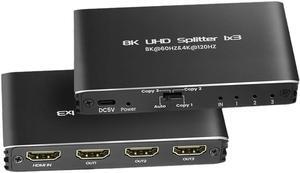 Jansicotek 4K 120Hz HDMI Splitter 1 in 3 Out, 1x3 Power HDMI Splitter 3 Ports w/AC Adapter, 8K@60Hz 3D Full HD Distributor Support 48Gbps, HDCP 2.3, RGB 4:4:4 for HDTV, STB, DVD, PS3, Projector Etc