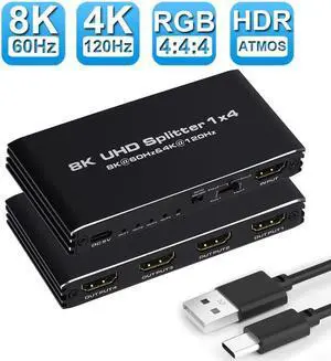Jansicotek 1x4 HDMI Splitter 8K, 1 in 4 Out HDMI Splitter Audio Video Distributor Box Support 3D & 8K 4K 120Hz HDCP 2.3 EDID Compatible for HDTV, STB, PS4, PS5 Pro Blu-Ray DVD Player, Projector Etc
