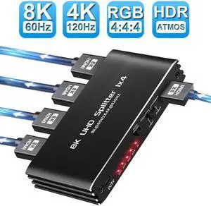 Jansicotek 4K 120Hz HDMI Splitter 1 in 4 Out, 1x4 Power HDMI Splitter 4 Ports w/AC Adapter, 8K@60Hz 3D Full HD Distributor Support 48Gbps, HDCP 2.3, RGB 4:4:4 for HDTV, STB, DVD, PS5, Projector Etc