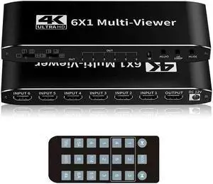 Jansicotek 4K HDMI Multiviewer Switch 6x1, Multi Viewer Seamless Switcher 6 in 1 Out, with IR Remote Control, Support 4k 30Hz, 8 Viewing Modes, 2x1, 3x1, 4x1, 5x1, and 6x1 for PC/Laptop/PS/Xbox