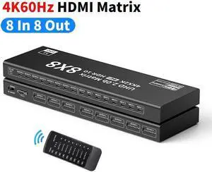 Jansicotek 4K@60Hz HDMI Matrix Switch 8x8, 8 in 8 Out HDMI Switcher Splitter Audio Video Distributor Selector Box with IR Remote, Support HDMI2.0 RGB888/YUV444 RS232 Panel Key HDCP2.2 HDR10 3D etc