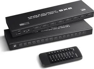 Jansicotek HDMI-compatible Matrix Switch 8x8, 4K Matrix Switcher Splitter 8 In 8 Out Box with IR Remote Control Support HDMI2.0 RGB888/YUV444 RS232 Panel Key HDCP2.2 HDR10 3D etc