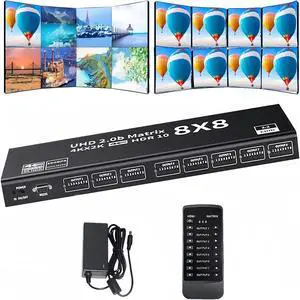 Jansicotek 4K 8x8 HDMI-compatible Matrix Switch Switcher Splitter 8 In 8 Out Box with IR Remote Control Support HDMI2.0 RGB888/YUV444 RS232 Panel Key HDCP2.2 HDR10 3D etc