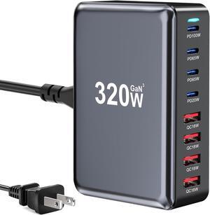 Jansicotek 320W GaN III Fast Charger 8-Port USB Type C Phone Charger Quick Charge 3.0 Power Adapter, GaN Tech Laptop USB C Power Adapter Block For iPhone 16 15 14 13 Samsung Desk Charger