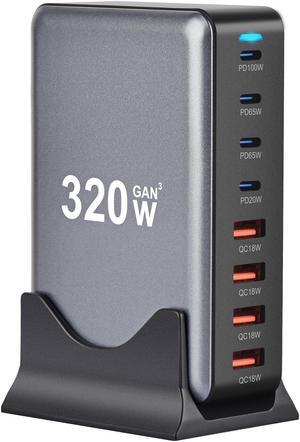 Jansicotek 320W USB Type C Charging Station Hub, 8-Port USB Desk Charger, 320 Watt GaN III Fast Charger GaN Tech Laptop USB C Power Adapter Block Compatible for All Phones and Tablets