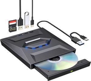 Jansicotek External CD/DVD Drive,4 in 1,USB 3.0,type-c port,SD Reader Port, Ultra Slim,Portable Optical Disk Drive Player Burner Reader Writer for Laptop Macbook Desktop PC Win 11/10/8 Linux Mac OS