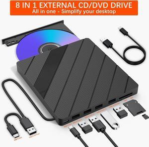 Jansicotek 8-in-1 External CD/DVD Drive for Laptop, Type-C USB 3.0 Portable CD Player DVD Burner with SD/TF Slot & USB Ports DVD 8X CD 24X Super Fast Speed for Windows/Mac OS/Linux/Vista