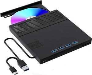Jansicotek 7-in-1 External CD/DVD Drive for Laptop, Type-C USB 3.0 Portable CD Player DVD Burner with SD/TF Slot & USB Ports DVD 8X CD 24X Super Fast Speed for Windows/Mac OS/Linux/Vista