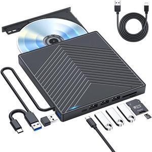 Jansicotek 8-in-1 External CD DVD Drive, USB3.0/USB C Portable CD DVD Player with SD/TF Card Reader USB Hub CD ROM Burner Reader Supports Windows11/10/8.1/8/7, Linux, PC Mac MacBook Windows