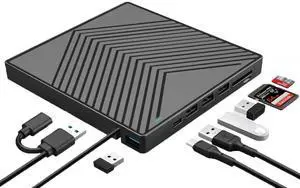Jansicotek 8-in-1 External CD/DVD Drive for Laptop, Type-C USB 3.0 Portable CD Player DVD Burner with SD/TF Slot & USB Ports DVD 8X CD 24X Super Fast Speed for Laptop PC Windows Linux