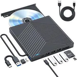 Jansicotek 8-in-1 External CD/DVD Drive for Laptop, CD Burner USB C Portable DVD Player CD ROM Disk Reader with SD/TF Slot 4 USB Ports, Optical Disc Drive for PC Mac MacBook Windows Linux