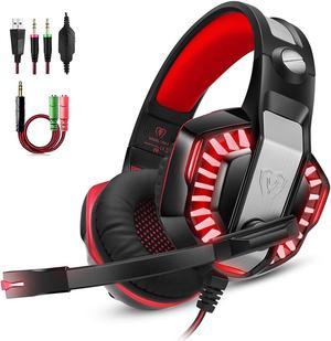 Jansicotek Gaming Headset for PS4 Xbox OneStereo Over Ear Gaming Headphones Noise Cancelling Wired PC Headset with MicBass SurroundVolume ControlLED Light for Playstation 4LaptopMacPCRed
