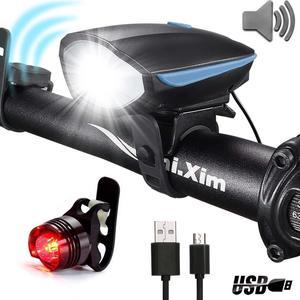 Jansicotek USB Rechargeable Bike Lights Front and Back - Waterproof and Easy Installation - Super Bright Bike Headlight, Free Tail Light and Horn Included - Blue