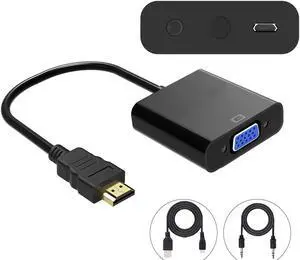 Jansicotek HDMI to VGA Adapter (HDMI to VGA Converter) with 3.5mm Audio Port & Micro USB Charging Port - For Computer, Desktop, Laptop, PC, Monitor, Projector, HDTV, Chromebook, Raspberry Pi - Black