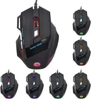 HXSJ Wired Gaming Mouse 7 Buttons 5 Adjustable DPI Levels 4-Color Circular Breathing LED Lights for Games and Office Black