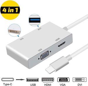 Jansicotek USB-C to HDMI VGA DVI Adapter with USB 3.0 Port - Type C (Thunderbolt 3 Compatible) 4-in-1 Cable Adapter for Surface Book 2, Galaxy S9 and More