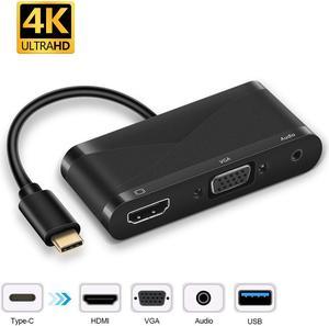 Jansicotek USB C to HDMI/VGA/USB/Audio Adapter, 4 in 1 USB 3.1 Type-C Hub VGA/HDMI/Audio/USB Video Adapter 4K UHD, Support HDMI&VGA, Male to Female Multi-Display Video Converter