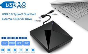Jansicotek USB 3.0 & USB-C External DVD Drive, Portable CD DVD RW Drive Burner Writer Optical Player for USB Type-C Windows Laptop Mac MacBook Pro Air iMac, Black
