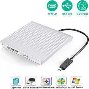 Jansicotek External CD DVD Drive, USB3.0/Type-C Slim Portable External CD DVD Rewriter Burner Writer,High Speed Data Transfer USB Optical Drives Player for PC Desktop Laptop Windows Linux Mac OS-White