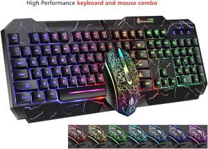 High Performance Gaming Keyboard and Mouse Combo, LED Rainbow Backlit USB Wired Computer Keyboard 104 Key, Spill-Resistant Design, Ergonomic Wrist Rest Keyboard Mouse Set for Windows PC Gamer - Black