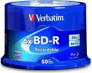 Verbatim BD-R 25GB 16X Blu-ray Recordable Media Disc - 50 Pack Spindle Verbatim BD-R 25GB 16X Blu-ray Recordable Media Disc - 50 Pack Spindle