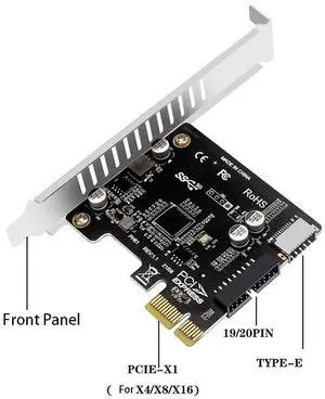 PCIE to USB 3.0 Expansion Card 5Gpbs Type E Converter Front Panel PCI Express 1x 4X 8X 16X to 19P 20PIN Type C Mount Adapter