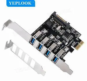 PCIe 1x 4 Ports USB3.0 5Gbps Expansion Adapter Card with SATA Power Port, Support PCIe X1 X4 X8 X16 Slot with 8 CM Short Bracket