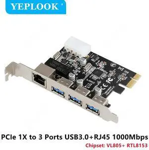 PCIe 1x to 3 Ports USB3.0 + RJ45 1000Mbps LAN Gigabit Ethernet Network Card with 4Pin Power Supply Connector for Desktop PC