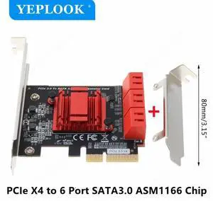 PCIe 4x to 6 Port SATA3.0 6Gbps PCIe to SATA Adapter Controller Expansion Card ASM1166 Chipset for HDD SSD with 8cm/12cm Bracket