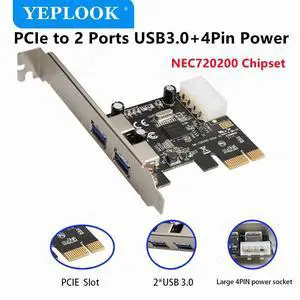PCIe 1x to 2 Port USB3.0 + IDE 4Pin Power Port, High Speed 5Gbps PCI Express Expansion Card Riser Card Adapter NEC720200 Chipset