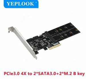 PCIe3.0 x4 to 2 SATA3.0 + 2 M.2 B Key NGFF SSD PCI-E to SATAIII 6Gbps Controller Adapter Expansion Card for Desktop HDD SSD