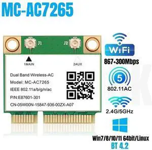 WiFi Card MC-AC7265 Wireless AC-7265HMW 867Mbps+300Mbp Dual Band 2.4Ghz/5GHz Bluetooth 4.2 802.11ac 2x2 Mini PCI-E Network Card