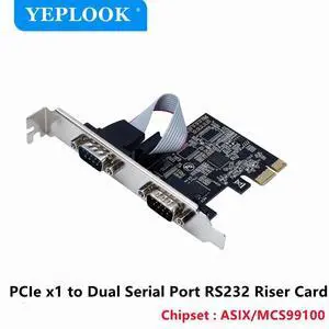 PCI-E 1x to 2 Port Serial Port RS232 DB9 COM Male Adapter Riser Card Support RS232, RS485&RS422 Modes Chip AX99100, 12CM Bracket