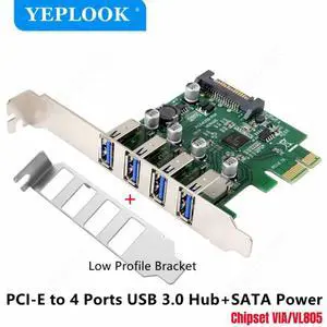 PCI-E 1x to 4 Port USB3.0 HUB + SATA Power 5Gbps Expansion Card Controllor Adapter for Mainboard with 9.5cm Low Profile Bracket