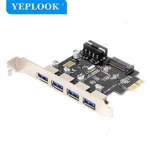 PCIe to 4 Port USB3.0 Expansion Card with 19Pin+SATA Dual Power Connector PCIe X1 Adapter Riser Converter USB 3.0 HUB VL805 Chip