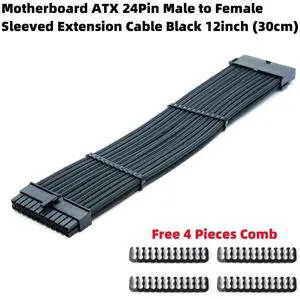 Motherboard ATX 24Pin Male to Female Extension Cable Sleeved Net PSU Power Connector Adapter Extender Cord with 4 PCS Free Combs