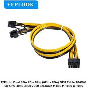 12Pin to PCI-e Dual 8Pin 6+2Pin VGA GPU Power Cable ForSeasonic P-860, P-1000, X-1050 Old Version Modular Power, 18AWG 60+60 CM
