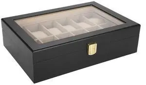 12 - Grid Wood Watch Holder with Transparent Lid, Wristwatch Display Case for Men and Women, Black Watch Organizer Box with Flannelette Lining and Metal Lock for Home or 12 - Grid Wood Watch Holder with Transparent Lid, Wristwatch Display Case for Men and Women, Black Watch Organizer Box with Flannelette Lining and Metal Lock for Home or