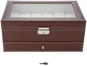 Double Layers 12 Slots PU Leather Watch Storage Case, Jewelry Display Box Organizer with Built - In Mirror, Brown Watch and Jewelry Holder for Home or Retail Use Double Layers 12 Slots PU Leather Watch Storage Case, Jewelry Display Box Organizer with Built - In Mirror, Brown Watch and Jewelry Holder for Home or Retail Use