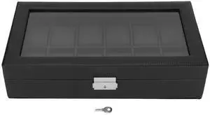 Watch Organizer 12 Slots, Watch Display Case with Thickened Acrylic Cover, Black Carbon Fiber Texture Watch Storage Box for Men and Women, Holds Watches and Jewelry Watch Organizer 12 Slots, Watch Display Case with Thickened Acrylic Cover, Black Carbon Fiber Texture Watch Storage Box for Men and Women, Holds Watches and Jewelry