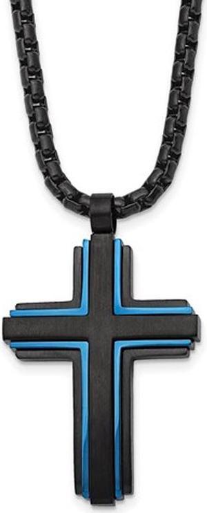 Mens Stainless Steel Blue and Black Cross Necklace with Chain